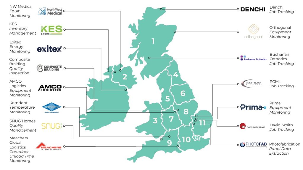 Map showing Shoestring Industry Pilot locations in the UK